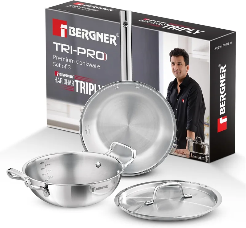 بيرجنر Bergner Tripro 3-Pc Triply Stainless Steel Cookware Set, 24cm (3.1L) Deep Stir-fry Pan Kadai with Lid, 22cm Frying Pan Skillet, Less Oil Use Healthy Cooking Set, Even Heating, Induction & Gas Ready